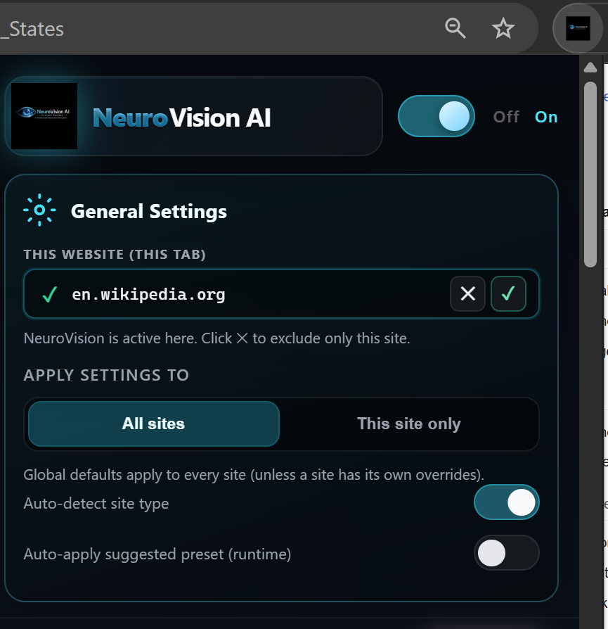 NeuroVision AI extension popup showing visual accessibility controls