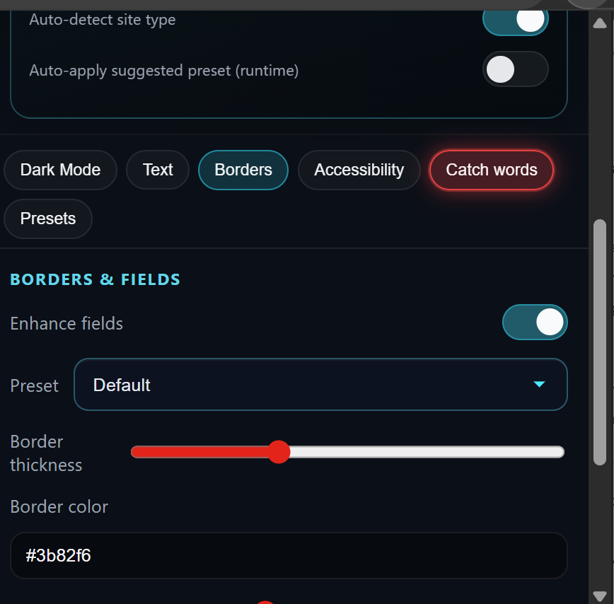 Text and readability settings panel with contrast and spacing controls